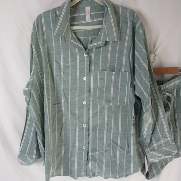 Auden Pajama Set 2 pc. Sage Green White Striped Shorts Button Down Size XXL NWT - Picture 3 of 13